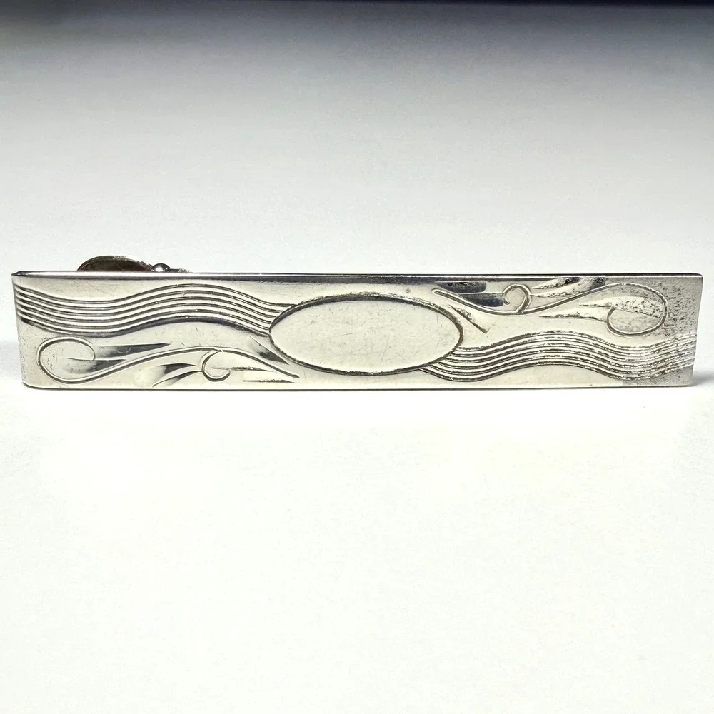 Vintage Anson Sterling Silver Tie Clip Bar Engraved Scroll Wave Design MCM 8.28g